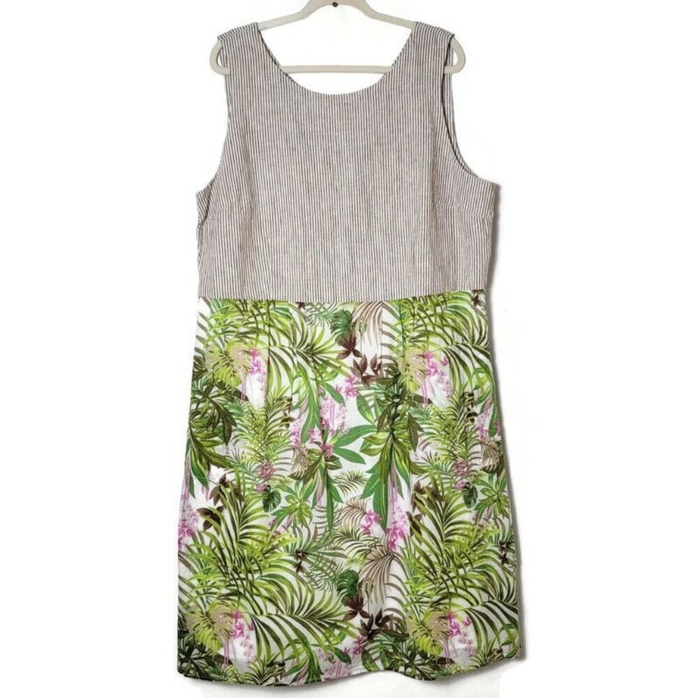 J. Jill Linen Blend Striped Botanical Hawaiian Floral Sleeveless Sheath Dress XL
